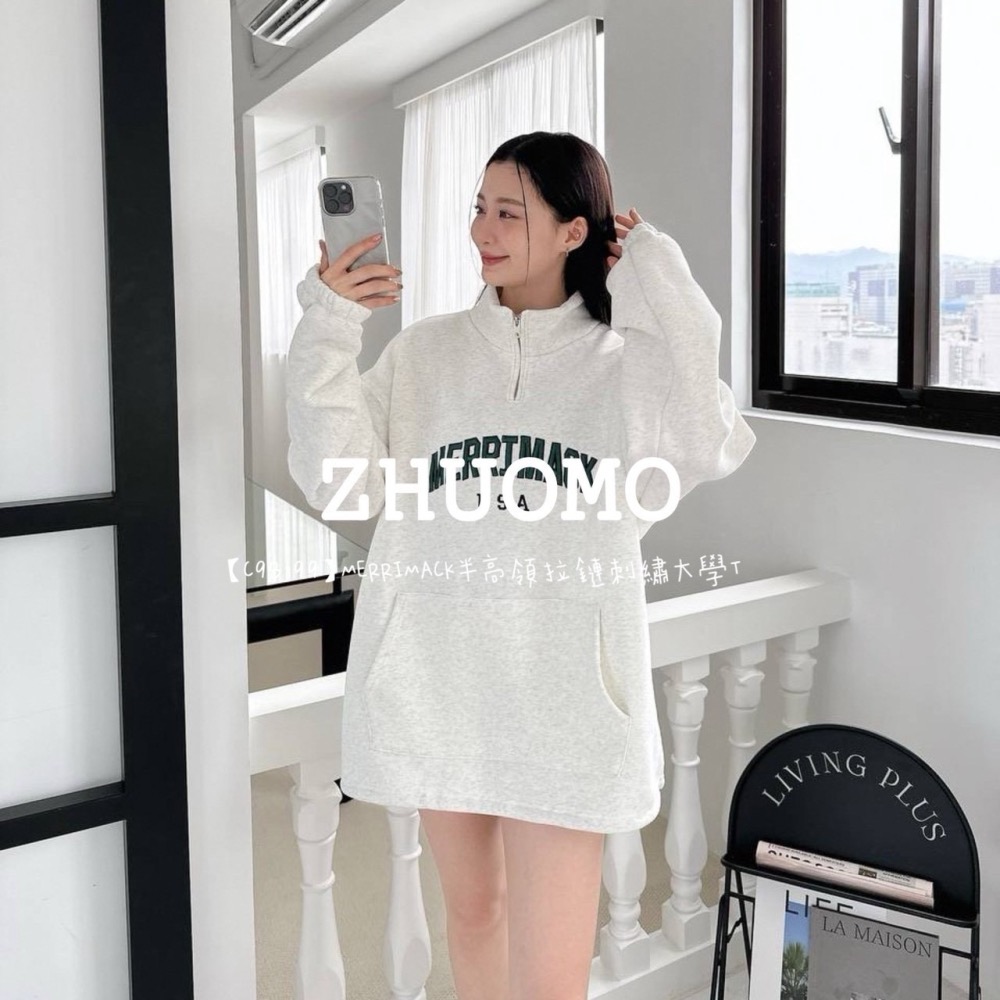 【7天內出貨】正韓 韓系 MERRIMACK半高領拉鍊 刺繡 大學t 帽T  厚磅 長袖 印花 衣服 大尺碼 上衣 男裝-細節圖5