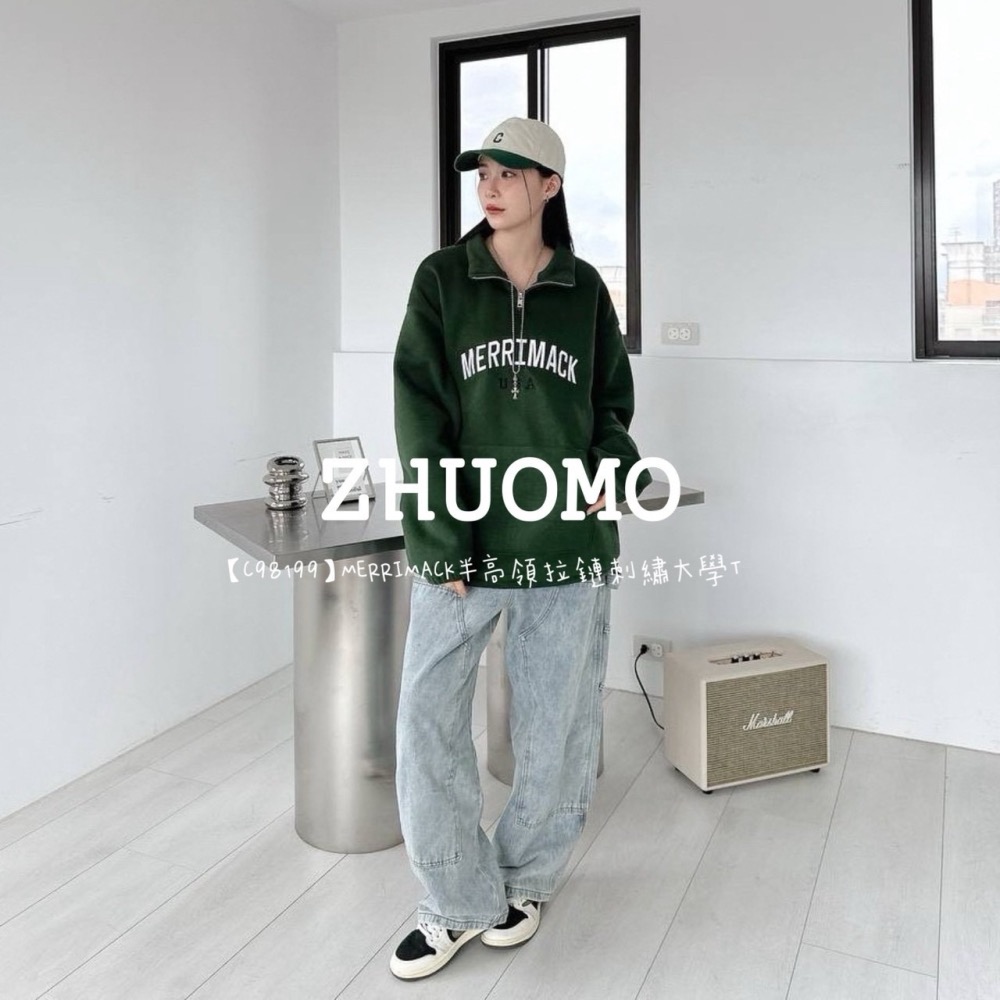 【7天內出貨】正韓 韓系 MERRIMACK半高領拉鍊 刺繡 大學t 帽T  厚磅 長袖 印花 衣服 大尺碼 上衣 男裝-細節圖6