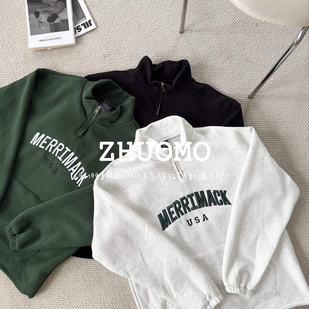 【7天內出貨】正韓 韓系 MERRIMACK半高領拉鍊 刺繡 大學t 帽T  厚磅 長袖 印花 衣服 大尺碼 上衣 男裝-細節圖7