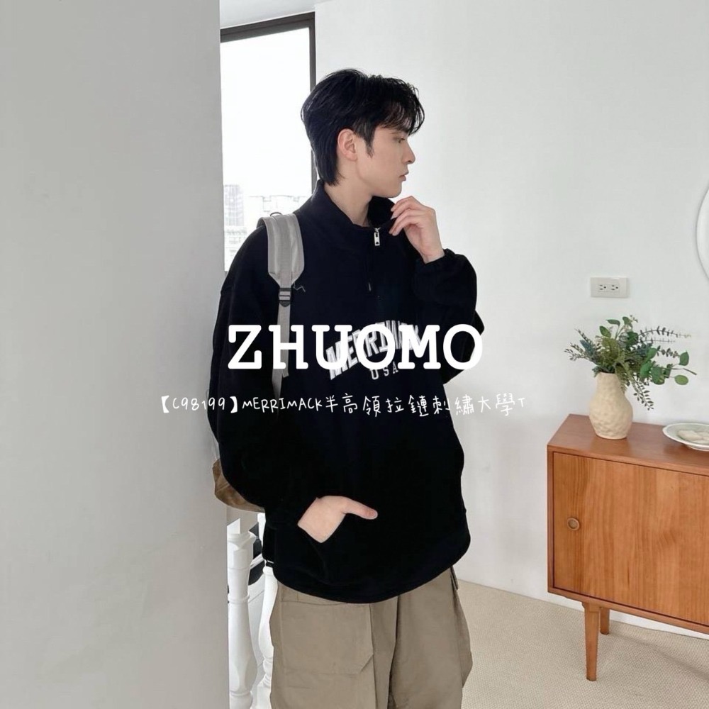 【7天內出貨】正韓 韓系 MERRIMACK半高領拉鍊 刺繡 大學t 帽T  厚磅 長袖 印花 衣服 大尺碼 上衣 男裝-規格圖7