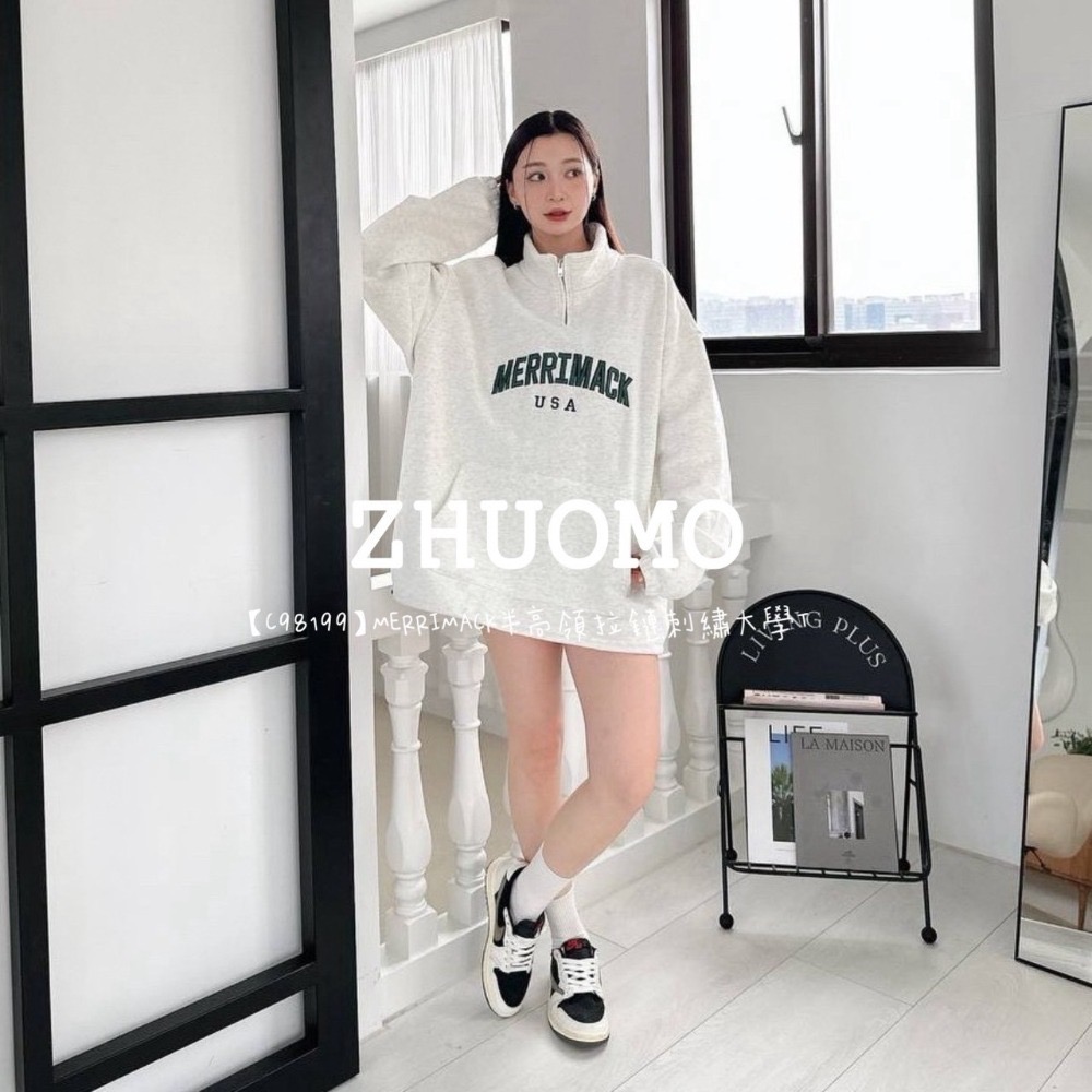 【7天內出貨】正韓 韓系 MERRIMACK半高領拉鍊 刺繡 大學t 帽T  厚磅 長袖 印花 衣服 大尺碼 上衣 男裝-規格圖7