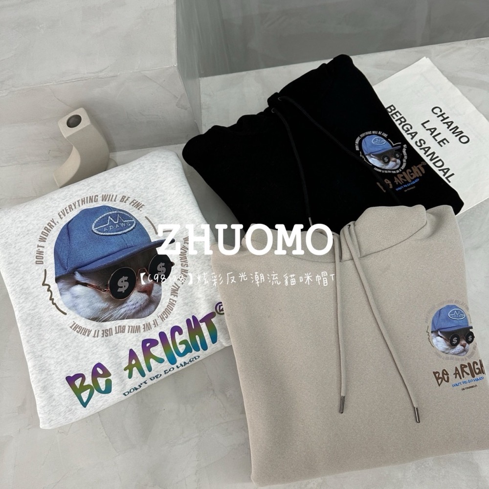 【7天內出貨】正韓 韓系 炫彩反光潮流貓咪帽T 刺繡 大學t 厚磅 長袖 印花 衣服 大尺碼 上衣 男裝-細節圖2