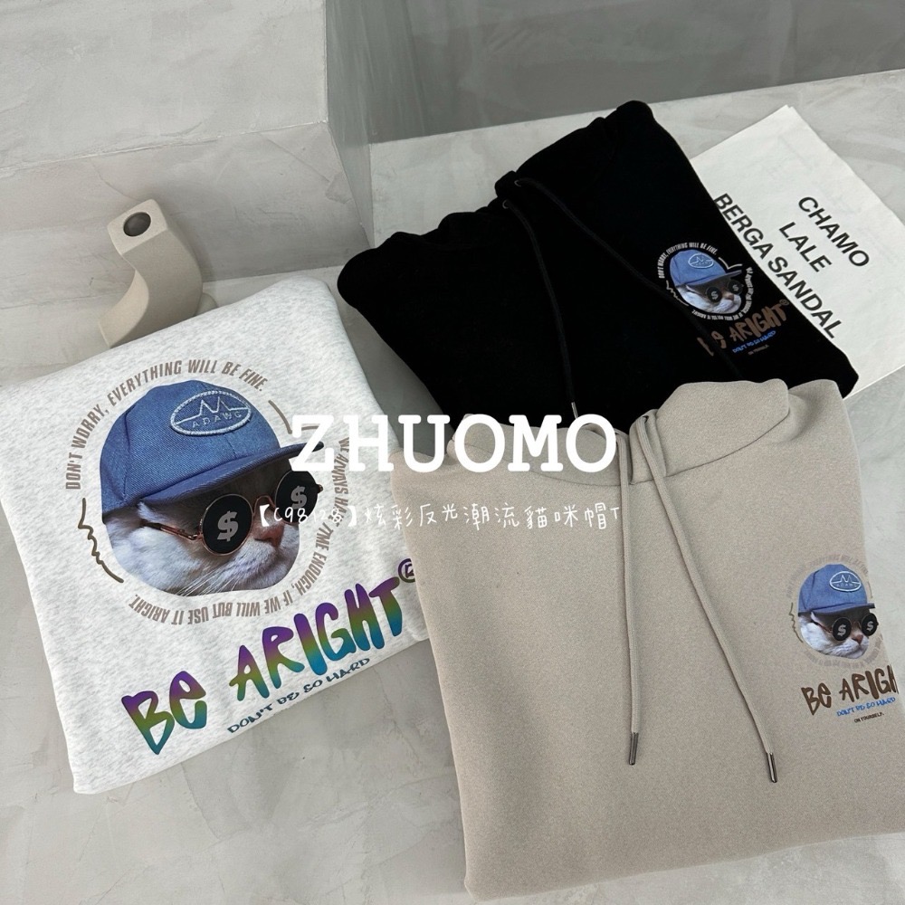 【7天內出貨】正韓 韓系 炫彩反光潮流貓咪帽T 刺繡 大學t 厚磅 長袖 印花 衣服 大尺碼 上衣 男裝-規格圖5