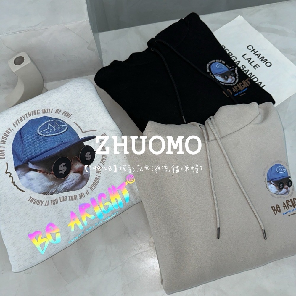 【7天內出貨】正韓 韓系 炫彩反光潮流貓咪帽T 刺繡 大學t 厚磅 長袖 印花 衣服 大尺碼 上衣 男裝-規格圖5