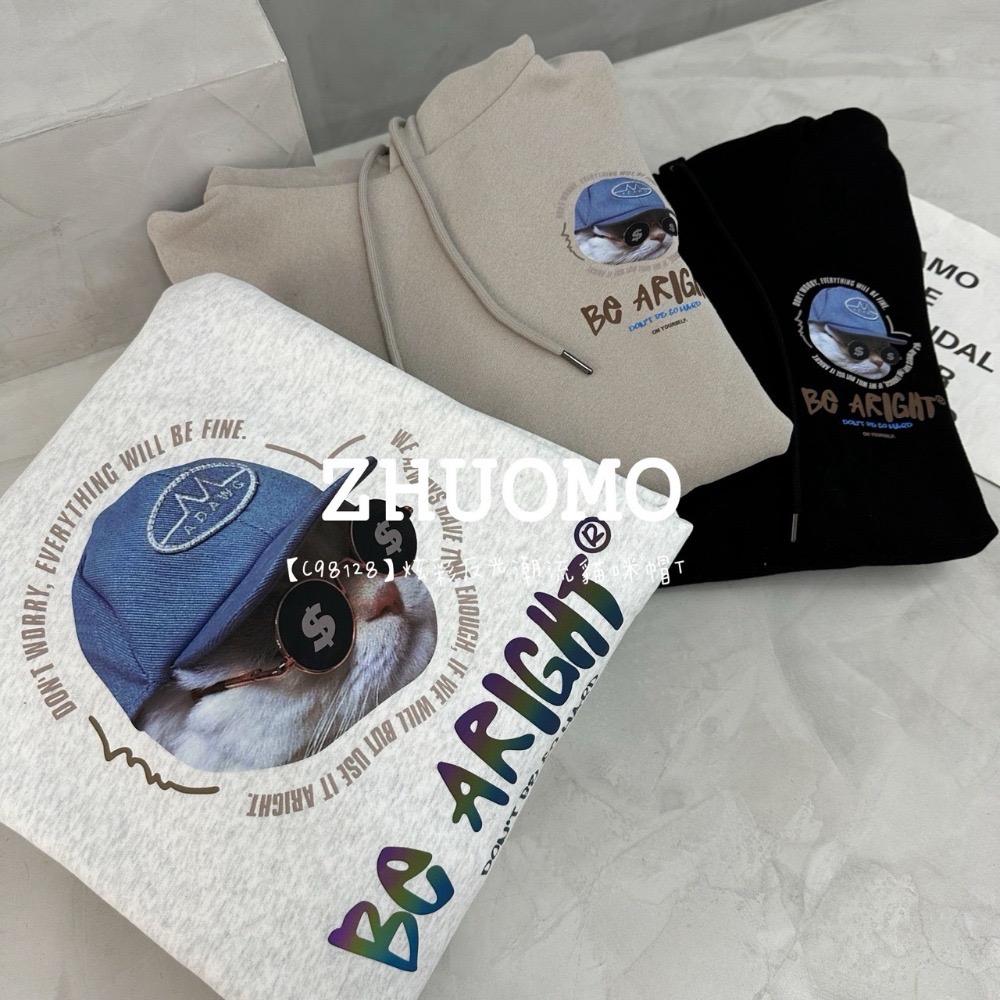【7天內出貨】正韓 韓系 炫彩反光潮流貓咪帽T 刺繡 大學t 厚磅 長袖 印花 衣服 大尺碼 上衣 男裝-規格圖5
