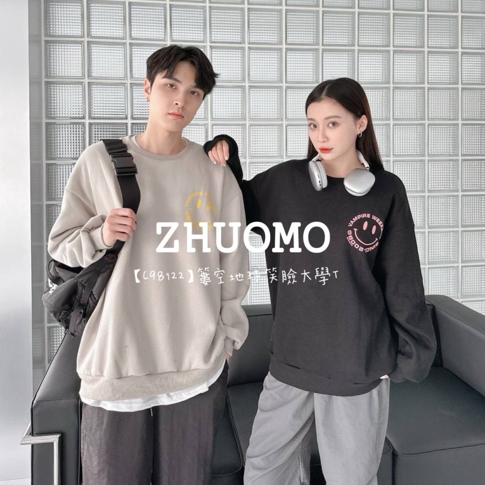 【7天內出貨】正韓 韓系 簍空地球笑臉大學T 外套 刺繡 帽T 大學t 厚磅 長袖 印花 衣服 大尺碼 上衣 男裝-細節圖2