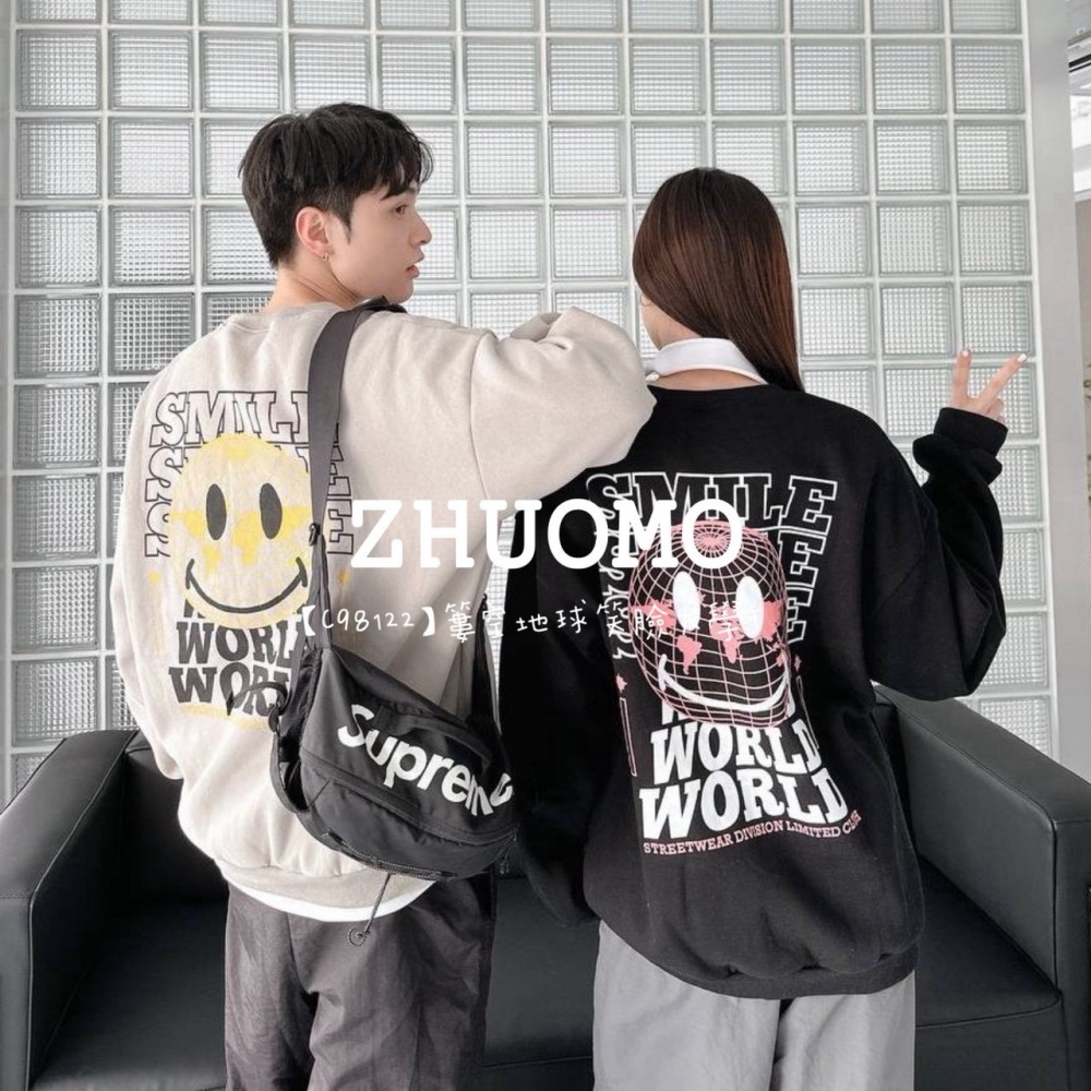 【7天內出貨】正韓 韓系 簍空地球笑臉大學T 外套 刺繡 帽T 大學t 厚磅 長袖 印花 衣服 大尺碼 上衣 男裝-細節圖3