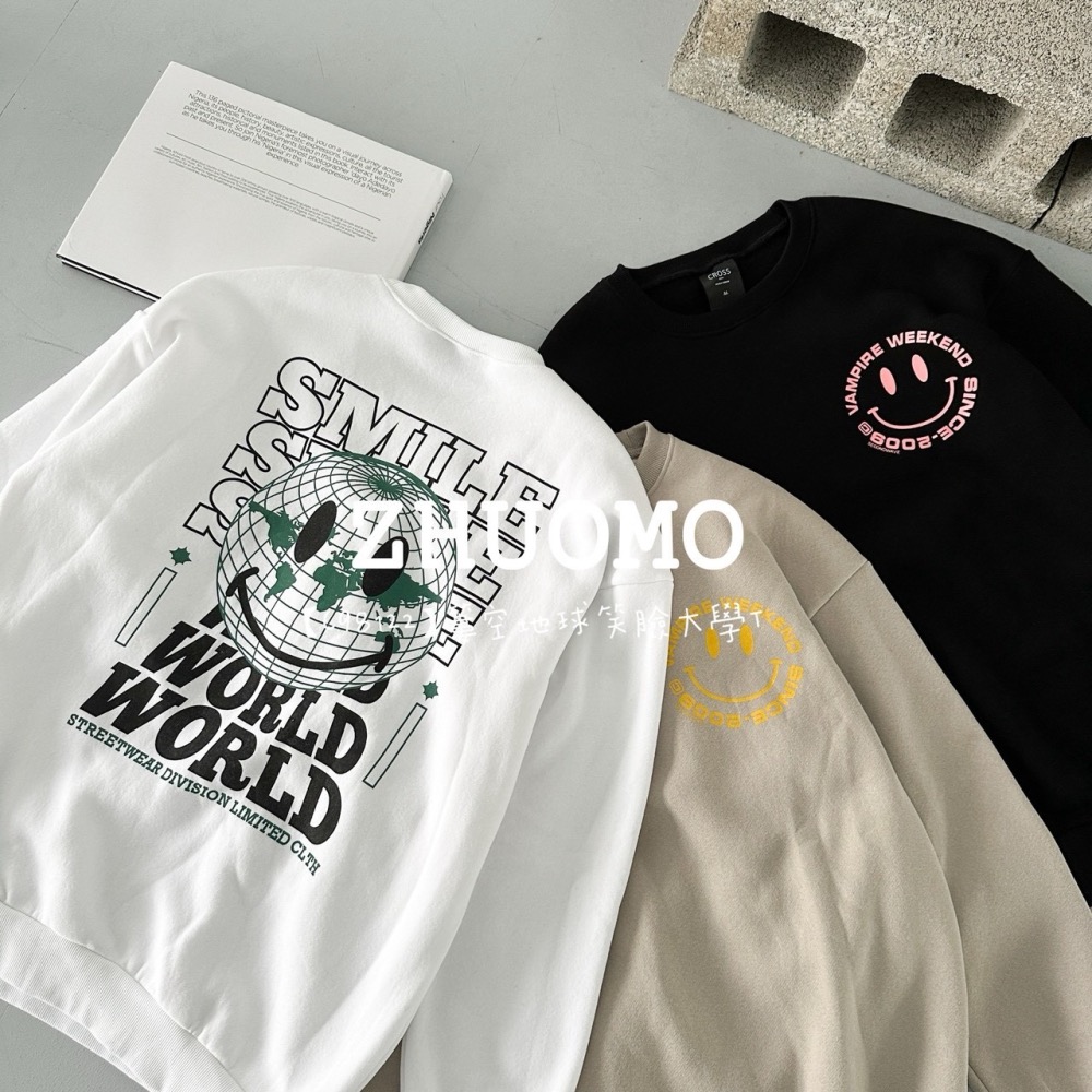 【7天內出貨】正韓 韓系 簍空地球笑臉大學T 外套 刺繡 帽T 大學t 厚磅 長袖 印花 衣服 大尺碼 上衣 男裝-細節圖7