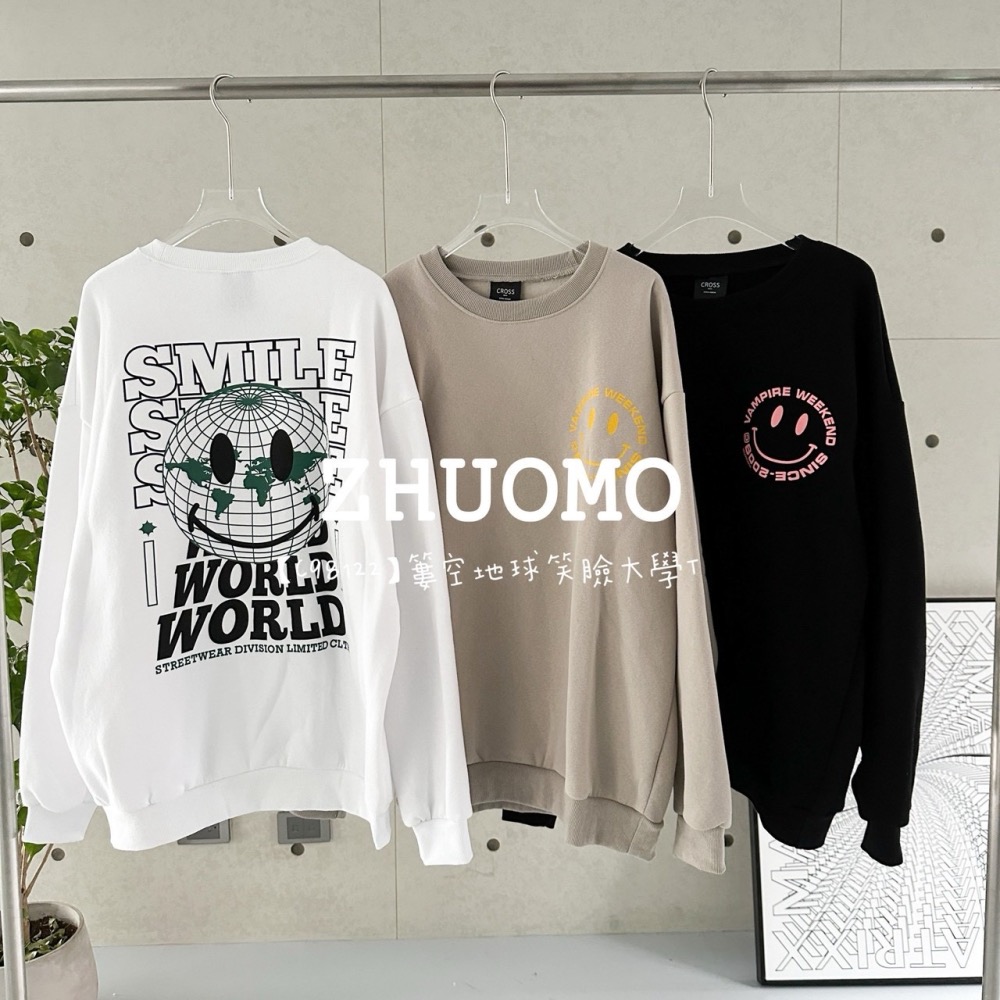 【7天內出貨】正韓 韓系 簍空地球笑臉大學T 外套 刺繡 帽T 大學t 厚磅 長袖 印花 衣服 大尺碼 上衣 男裝-細節圖8