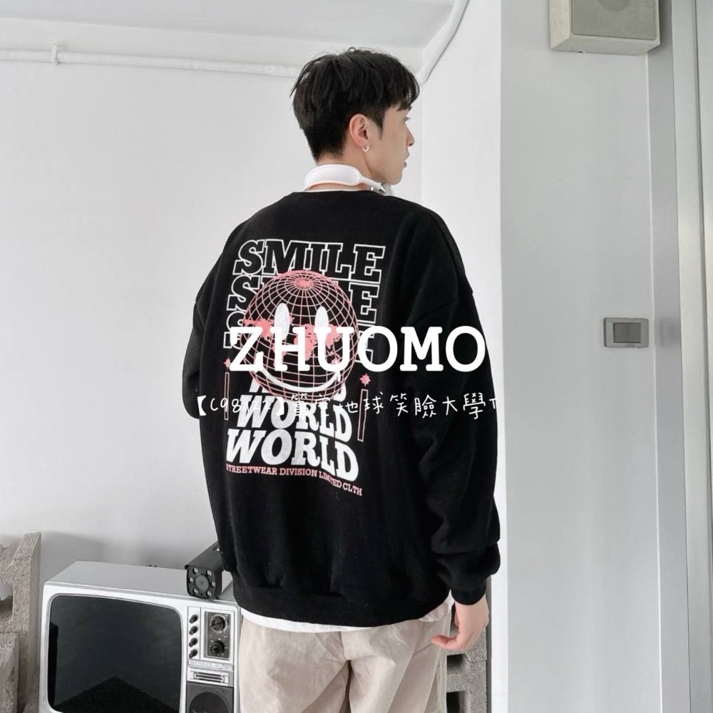 【7天內出貨】正韓 韓系 簍空地球笑臉大學T 外套 刺繡 帽T 大學t 厚磅 長袖 印花 衣服 大尺碼 上衣 男裝-規格圖9
