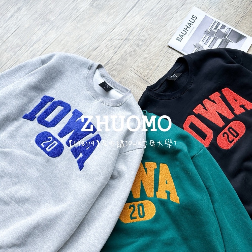 【7天內出貨】正韓 韓系 毛巾繡IOWA字母大學T 牛仔 外套 刺繡 帽T  厚磅 長袖 印花 衣服 大尺碼 上衣 男裝-細節圖6