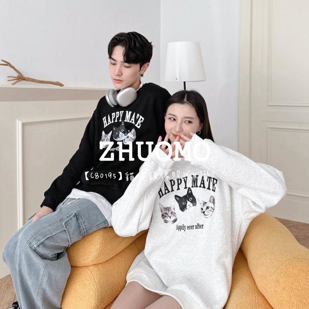 【7天內出貨】正韓 韓系 貓咪頭像照片大學T 外套 刺繡 帽T 大學t 厚磅 長袖 印花 衣服 大尺碼 上衣 男裝-細節圖2