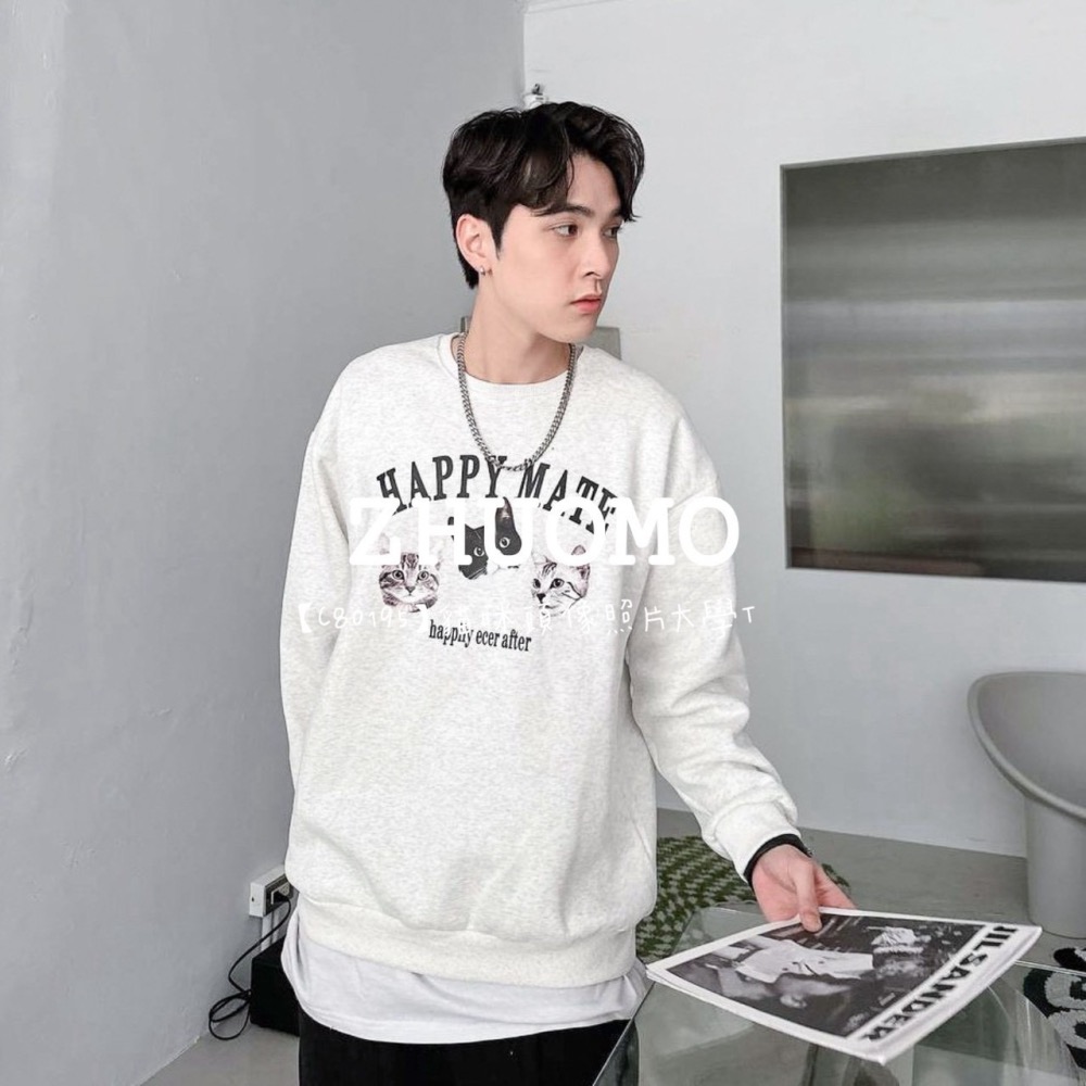 【7天內出貨】正韓 韓系 貓咪頭像照片大學T 外套 刺繡 帽T 大學t 厚磅 長袖 印花 衣服 大尺碼 上衣 男裝-細節圖4