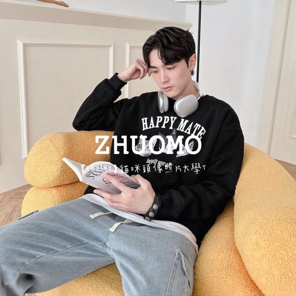 【7天內出貨】正韓 韓系 貓咪頭像照片大學T 外套 刺繡 帽T 大學t 厚磅 長袖 印花 衣服 大尺碼 上衣 男裝-細節圖6