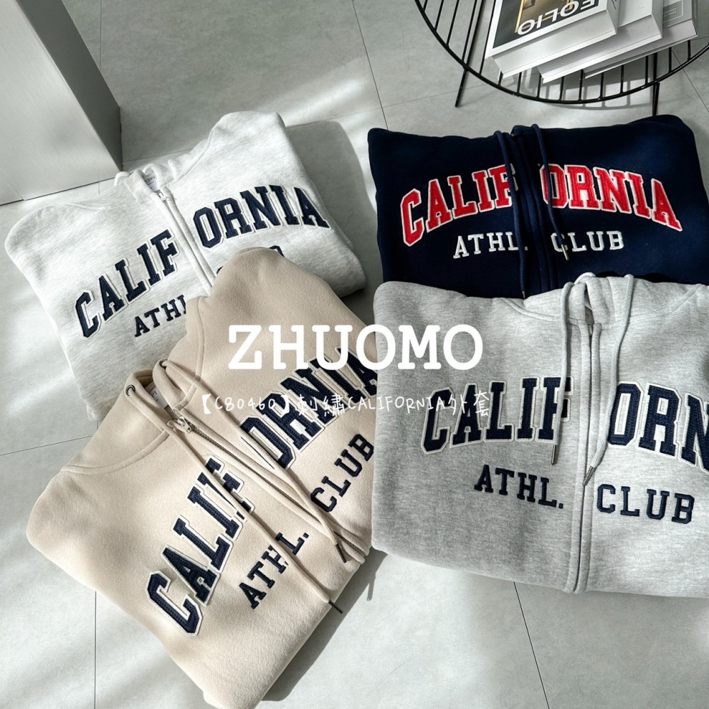 【7天內出貨】正韓 韓系 刺繡CALIFORNIA外套 刺繡 帽T 大學t 厚磅 長袖 印花 衣服 大尺碼 上衣 男裝-細節圖8