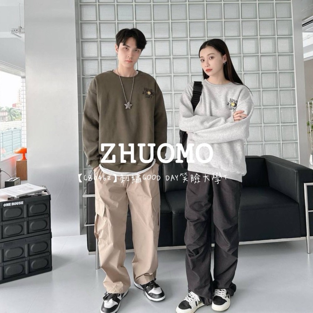 【7天內出貨】正韓 韓系 刺繡GOOD DAY笑臉大學T 外套 刺繡 帽T 厚磅 長袖 印花 衣服 大尺碼 上衣 男裝-細節圖3