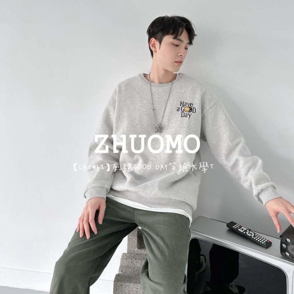 【7天內出貨】正韓 韓系 刺繡GOOD DAY笑臉大學T 外套 刺繡 帽T 厚磅 長袖 印花 衣服 大尺碼 上衣 男裝-細節圖5