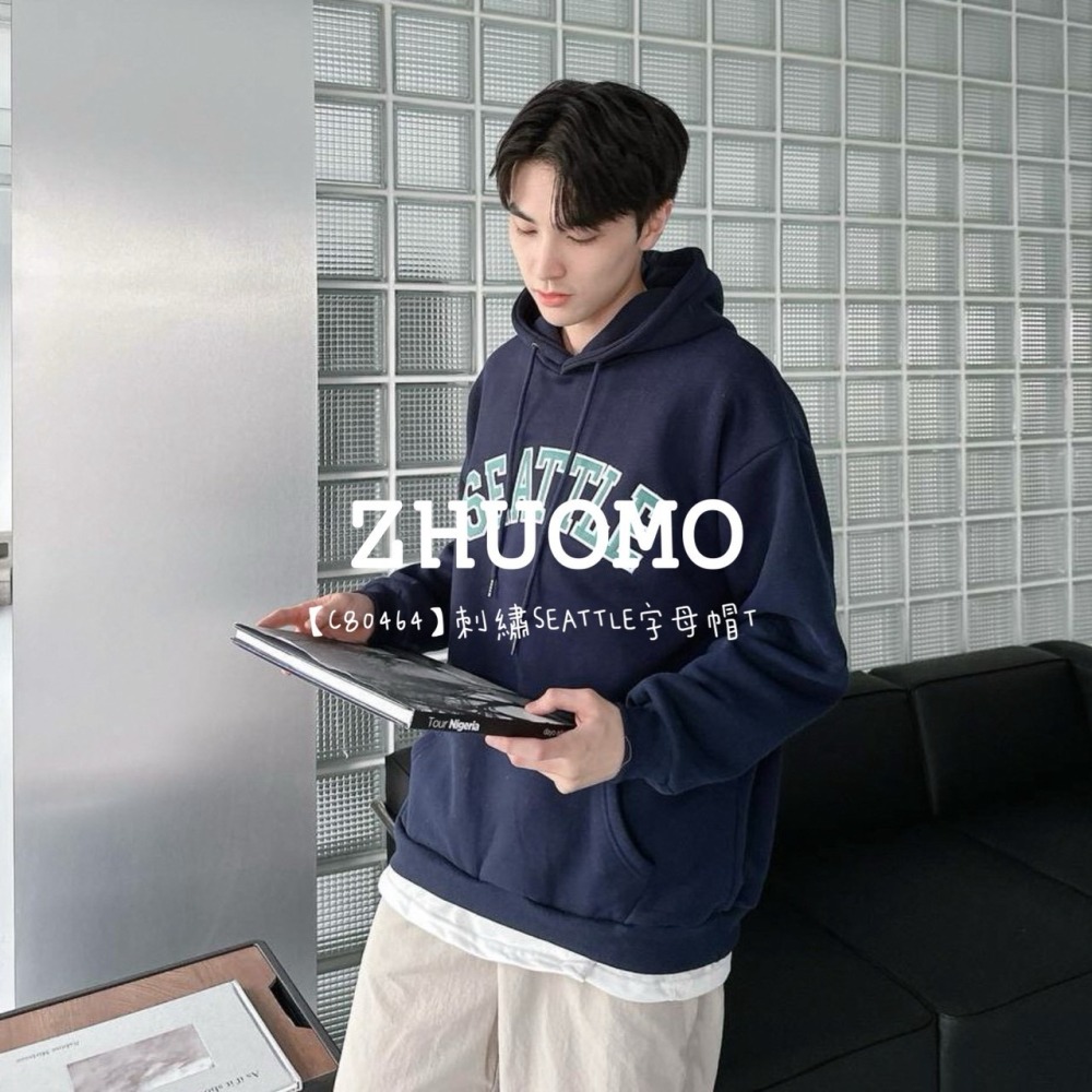 【7天內出貨】正韓 韓系 刺繡SEATTLE字母帽T 外套 刺繡 大學t 厚磅 長袖 印花 衣服 大尺碼 上衣 男裝-細節圖5