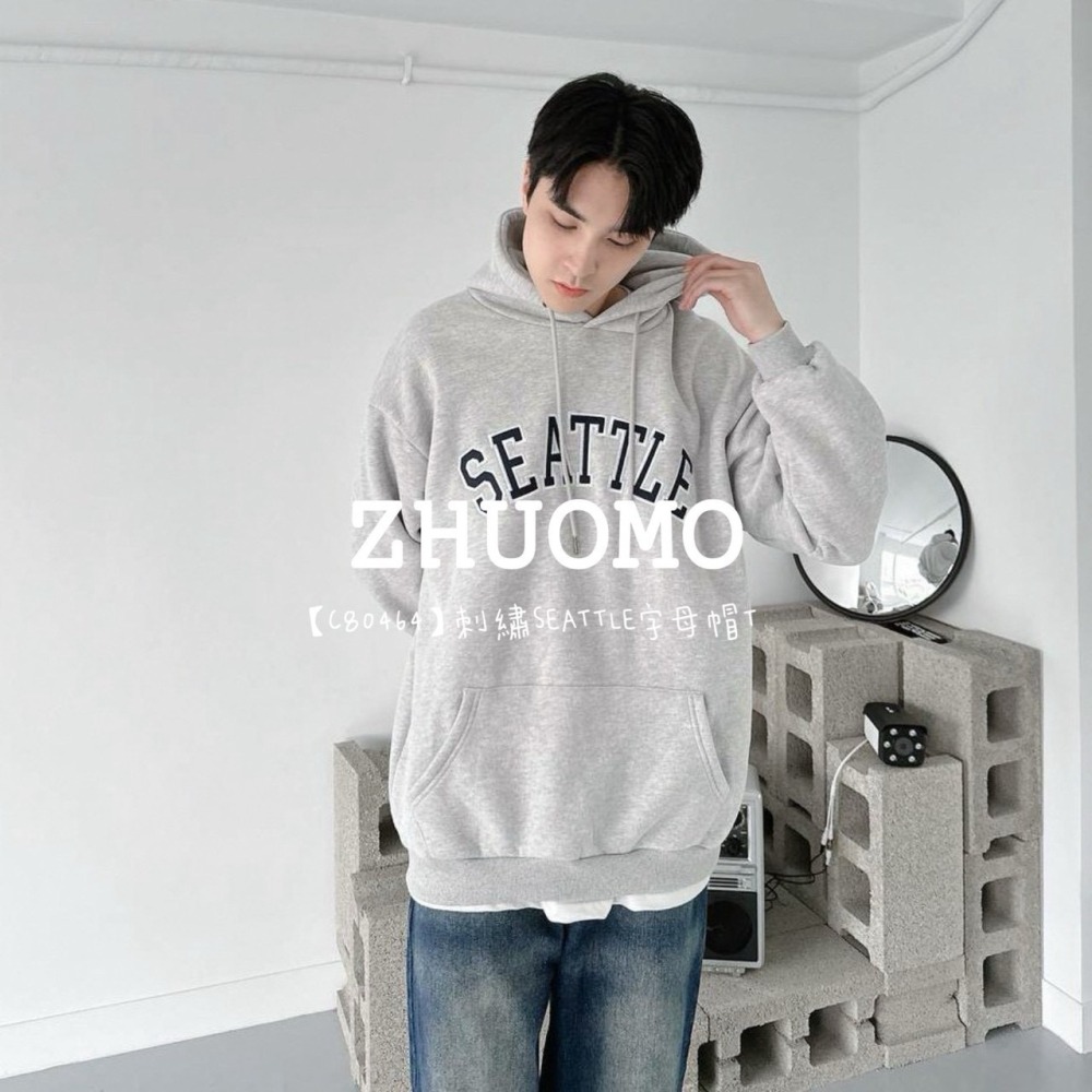 【7天內出貨】正韓 韓系 刺繡SEATTLE字母帽T 外套 刺繡 大學t 厚磅 長袖 印花 衣服 大尺碼 上衣 男裝-細節圖6