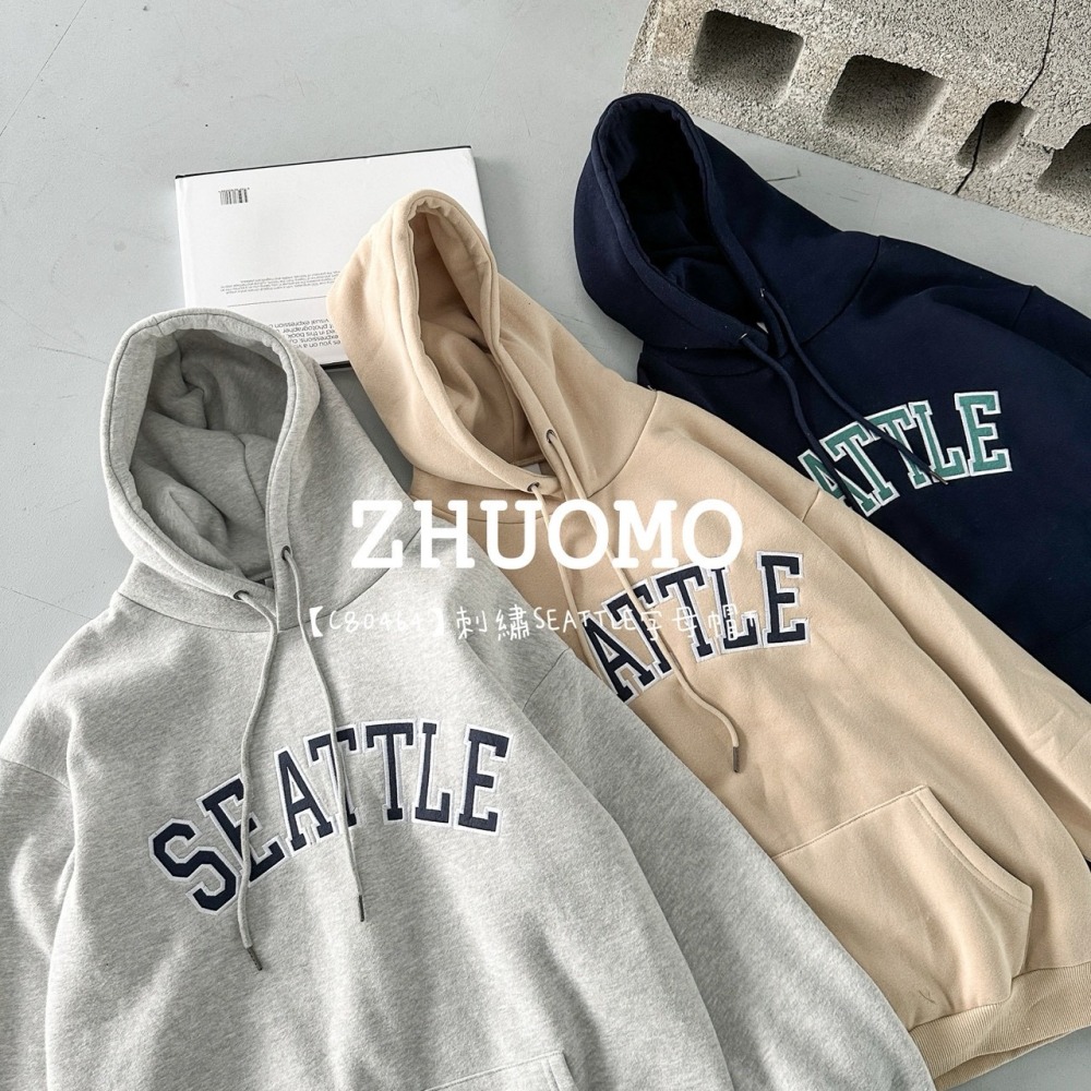 【7天內出貨】正韓 韓系 刺繡SEATTLE字母帽T 外套 刺繡 大學t 厚磅 長袖 印花 衣服 大尺碼 上衣 男裝-細節圖7