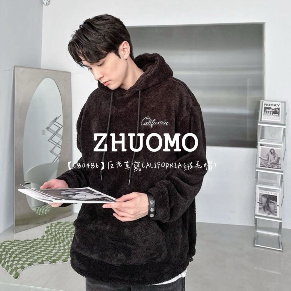 【7天內出貨】正韓 韓系 反光草寫CALIFORNIA絨毛帽T 外套 刺繡 大學t 厚磅 長袖 印花 衣服 大尺碼-細節圖6