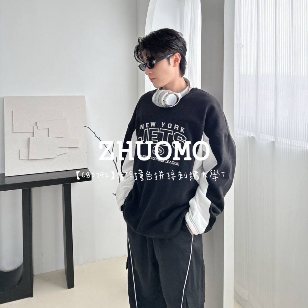 【限時特賣】正韓 韓系 JETS撞色拼接刺繡大學T 外套 刺繡 帽T 厚磅 長袖 印花 衣服 大尺碼 上衣 男裝-規格圖6