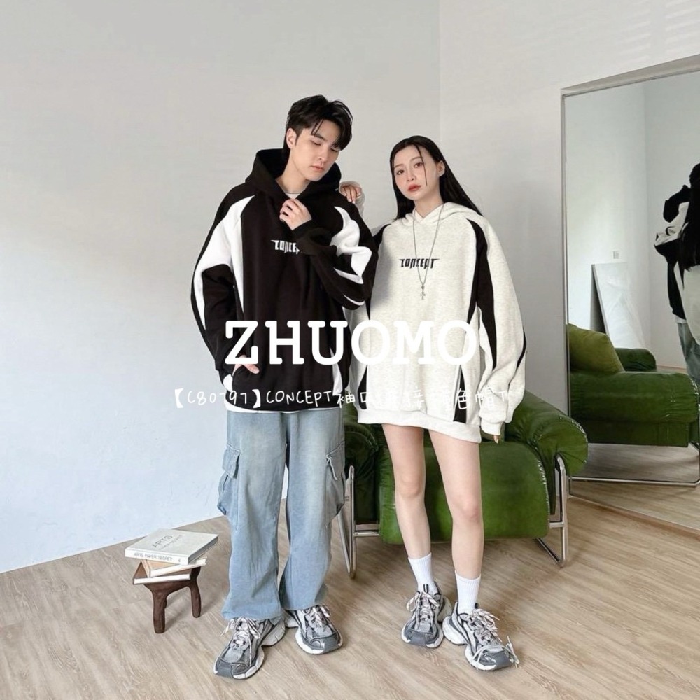 【7天內出貨】正韓 韓系 CONCEPT袖口拼接撞色帽T 外套 刺繡 大學t 厚磅 長袖 印花 衣服 大尺碼 上衣 男裝-細節圖3