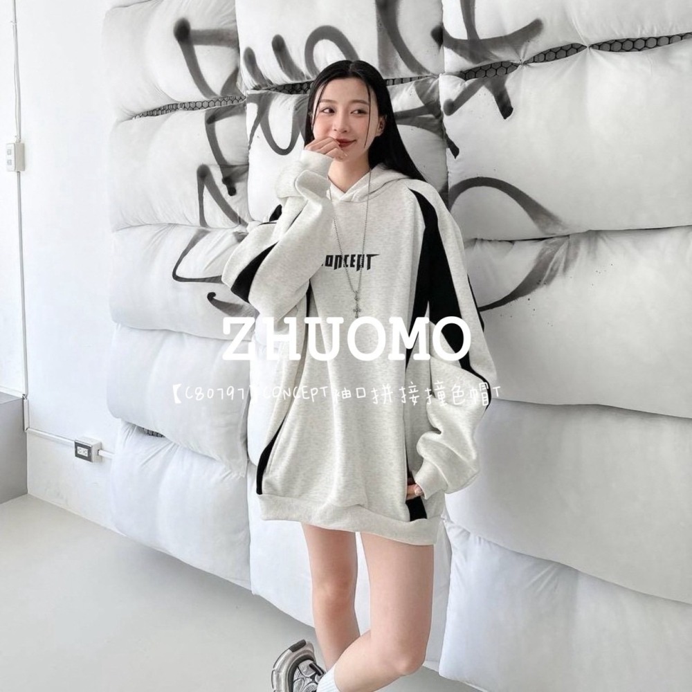 【7天內出貨】正韓 韓系 CONCEPT袖口拼接撞色帽T 外套 刺繡 大學t 厚磅 長袖 印花 衣服 大尺碼 上衣 男裝-細節圖5