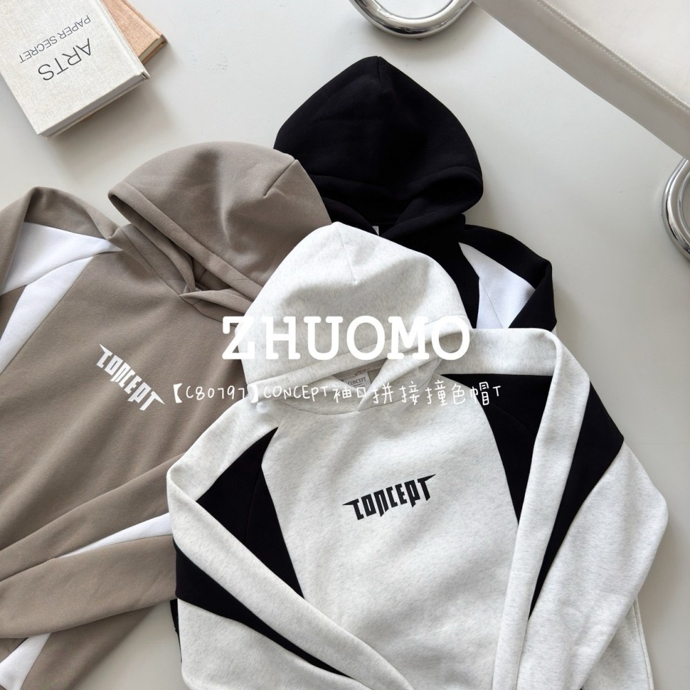 【7天內出貨】正韓 韓系 CONCEPT袖口拼接撞色帽T 外套 刺繡 大學t 厚磅 長袖 印花 衣服 大尺碼 上衣 男裝-細節圖7