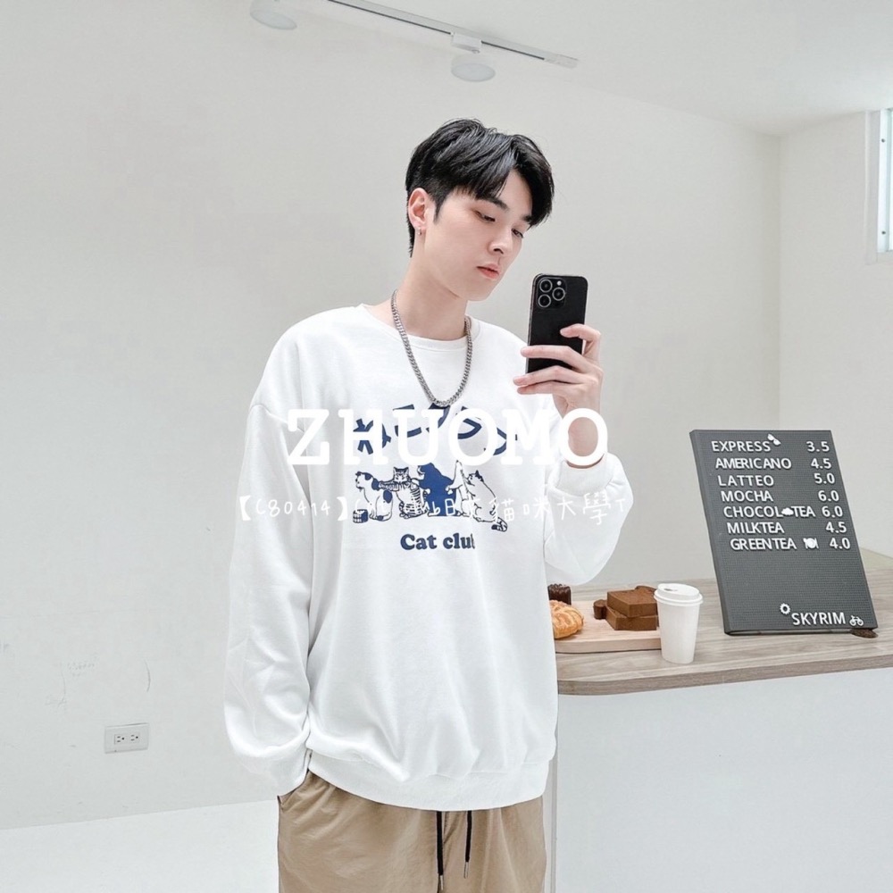 【7天內出貨】正韓 韓系 Cat club日文貓咪大學T 刺繡 帽T 厚磅 長袖 印花 衣服 大尺碼 上衣 男裝-細節圖4