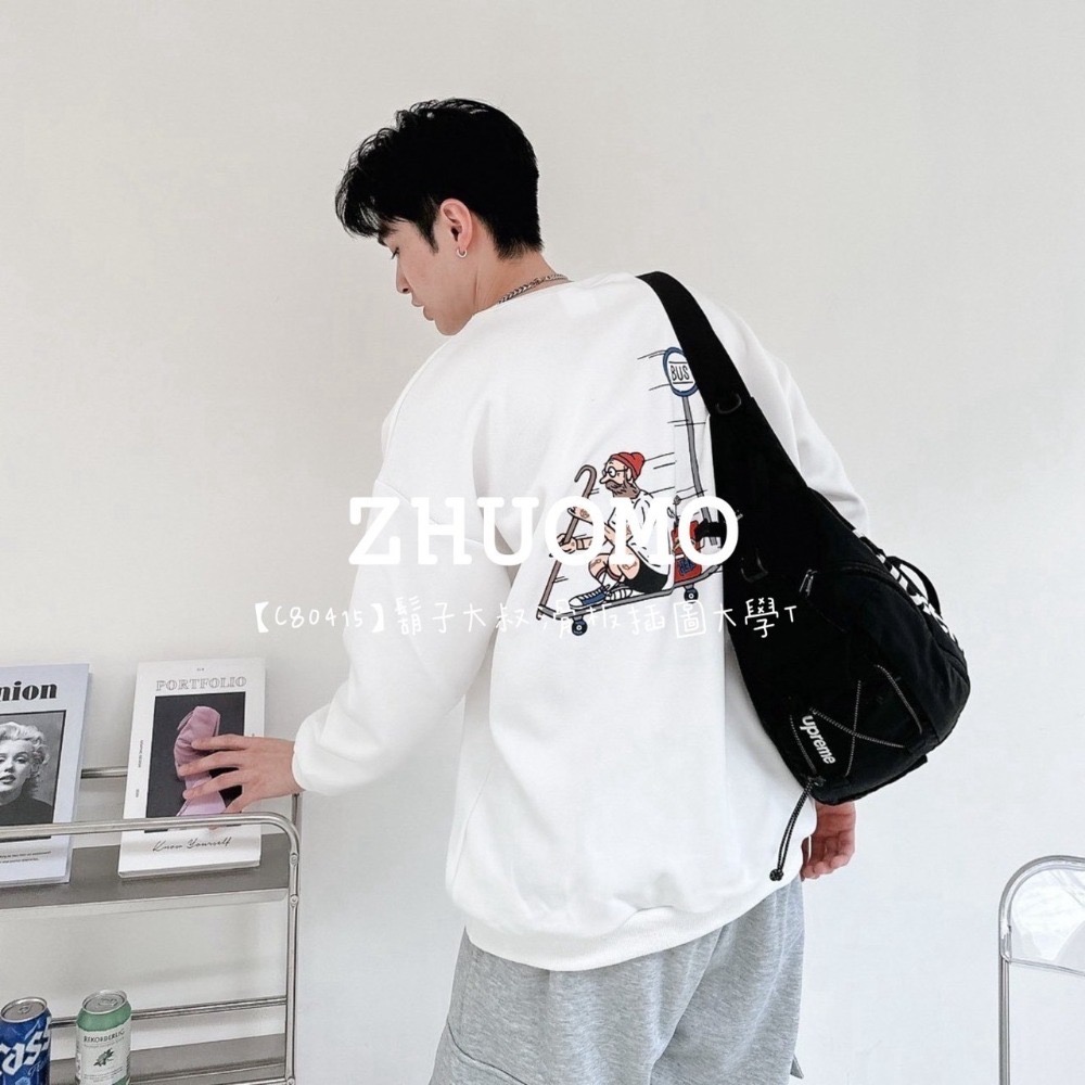 【7天內出貨】正韓 韓系 鬍子大叔滑板插圖大學T 刺繡 帽T 厚磅 長袖 印花 衣服 大尺碼 上衣 男裝-規格圖7