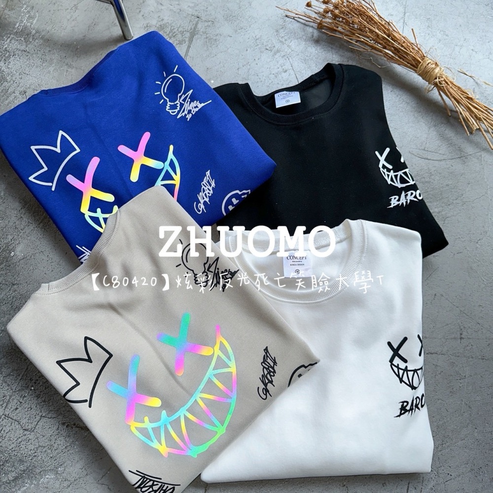 【7天內出貨】正韓 韓系 炫彩反光死亡笑臉大學T 刺繡 帽T 厚磅 長袖 印花 衣服 大尺碼 上衣 男裝-細節圖8