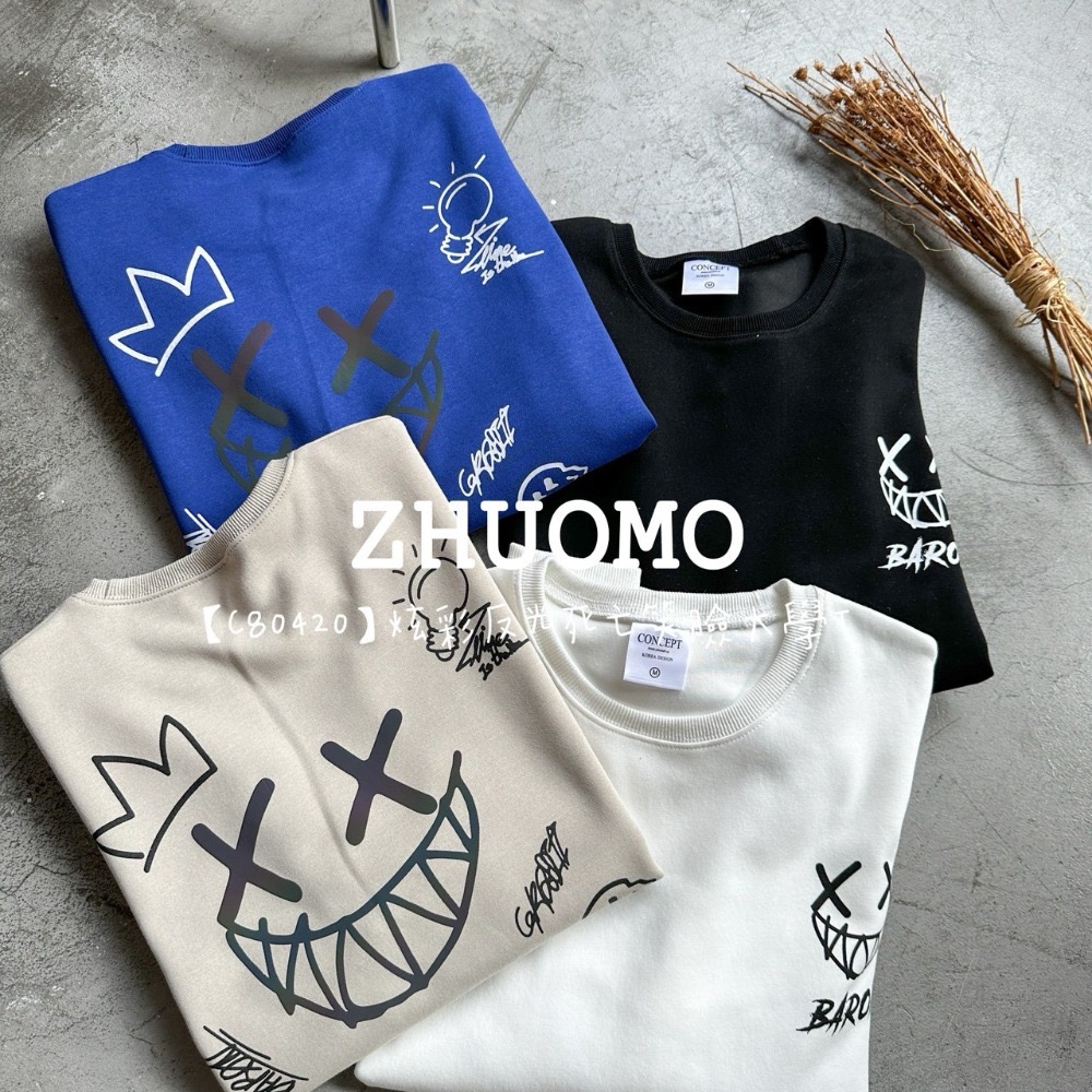 【7天內出貨】正韓 韓系 炫彩反光死亡笑臉大學T 刺繡 帽T 厚磅 長袖 印花 衣服 大尺碼 上衣 男裝-規格圖9