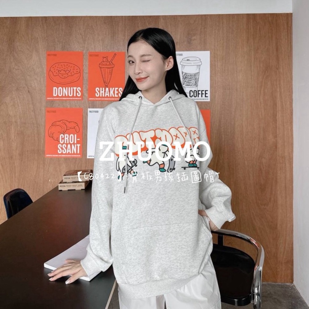 【7天內出貨】正韓 韓系 滑板男孩插圖帽T 刺繡 帽T 厚磅 長袖 印花 衣服 大尺碼 上衣 男裝-細節圖4