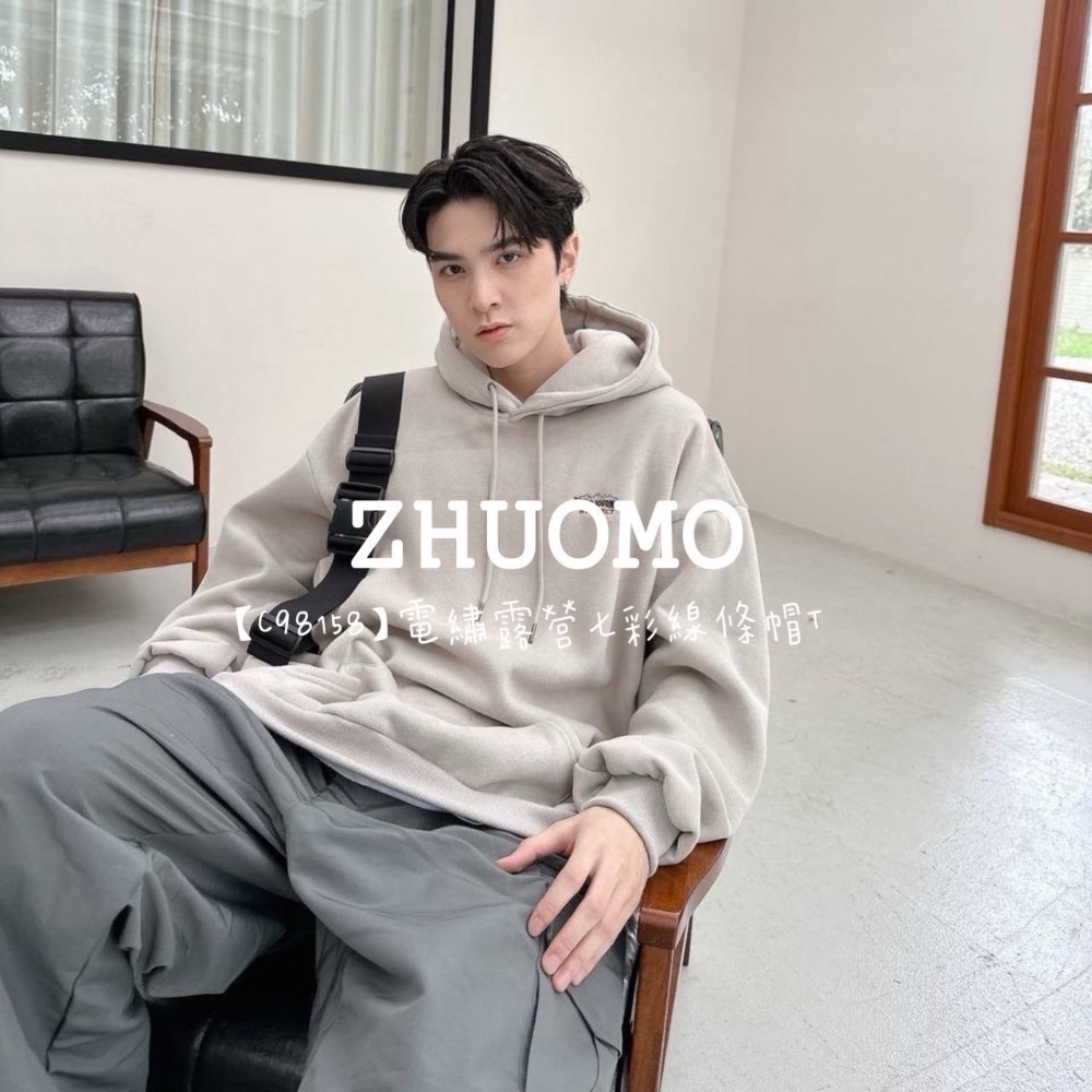 【限時特賣】正韓 韓系 電繡露營七彩線條帽T 大學t 厚磅 長袖 印花 衣服 大尺碼 上衣 男裝 衛衣 情侶衣-細節圖5