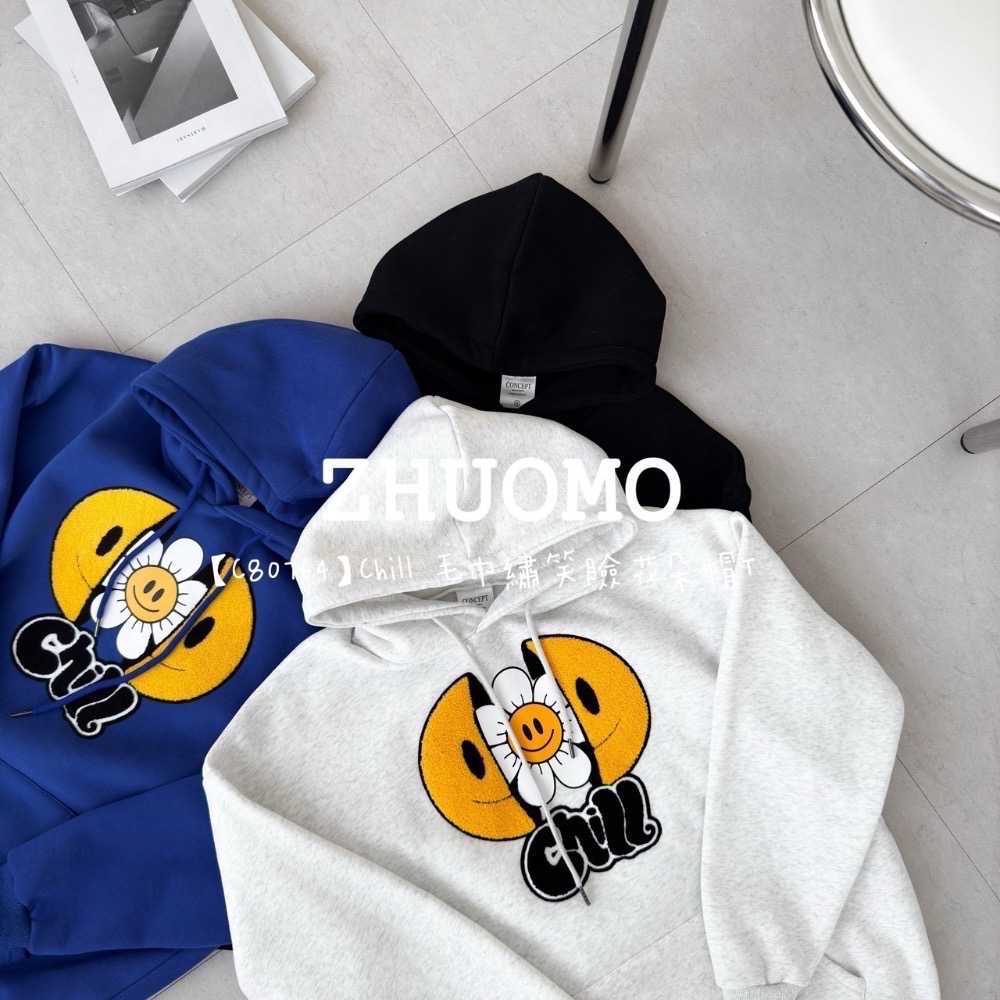 【限時特賣】正韓 韓系 Chill 毛巾繡笑臉花朵帽T 大學t 厚磅 長袖 印花 衣服 大尺碼 上衣 男裝 衛衣 情侶衣-細節圖5