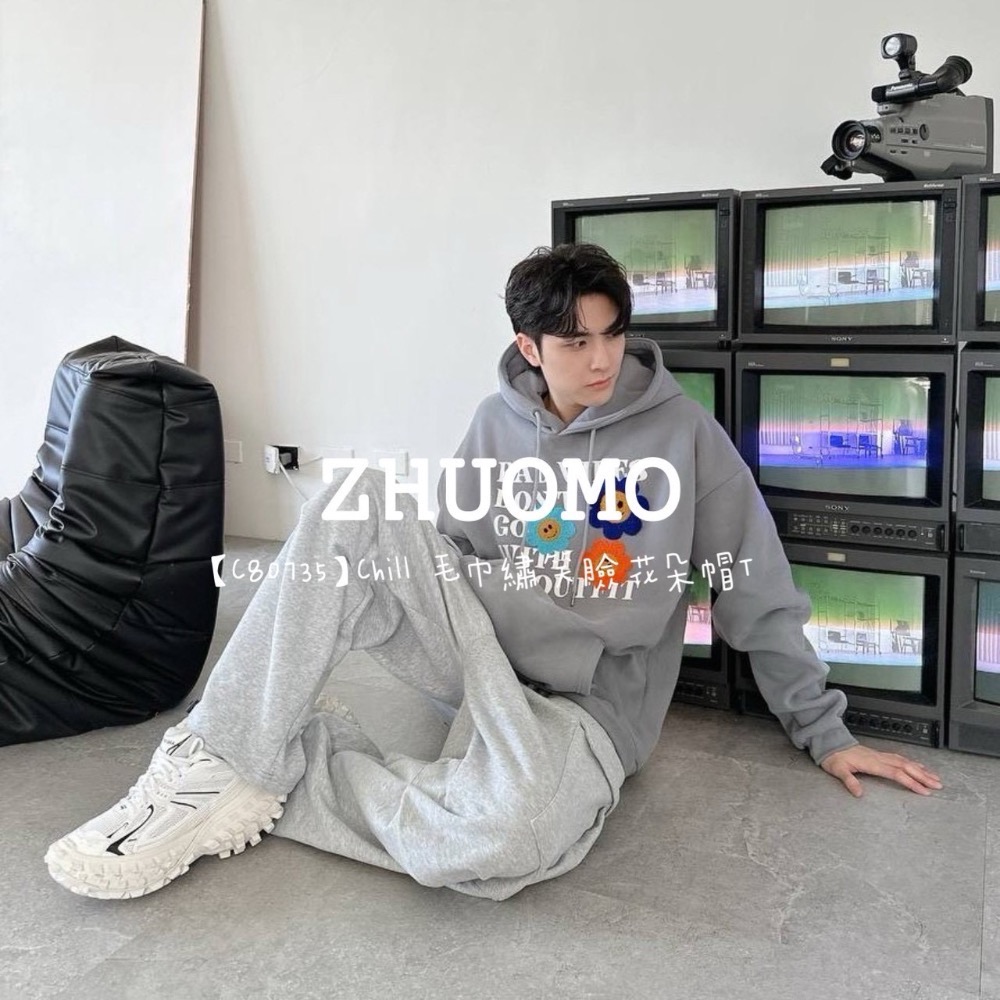 【限時特賣】正韓 韓系 毛巾繡微笑花朵帽T 大學t 厚磅 長袖 印花 衣服 大尺碼 上衣 男裝 衛衣 情侶衣-細節圖4