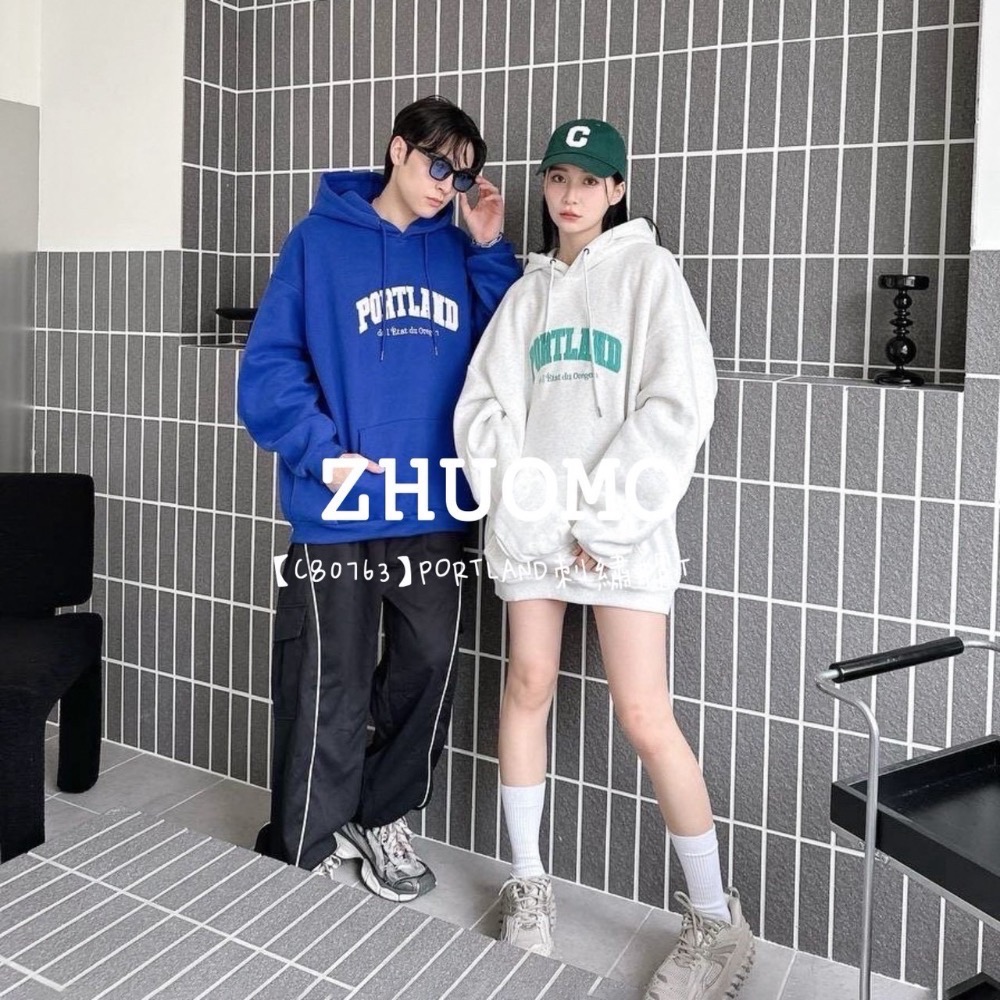 【限時特賣】正韓 韓系 PORTLAND刺繡帽T 大學t 厚磅 長袖 印花 衣服 大尺碼 上衣 男裝 衛衣 情侶衣-細節圖2