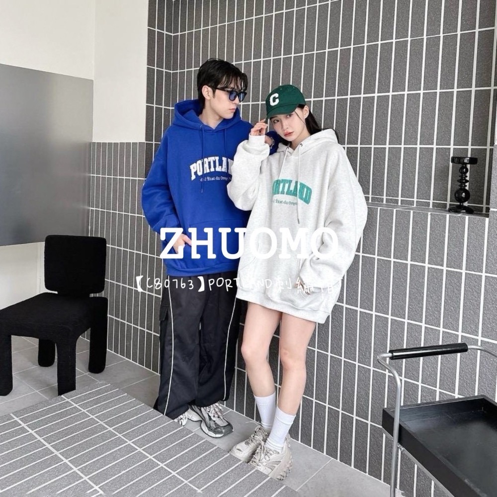 【限時特賣】正韓 韓系 PORTLAND刺繡帽T 大學t 厚磅 長袖 印花 衣服 大尺碼 上衣 男裝 衛衣 情侶衣-細節圖4