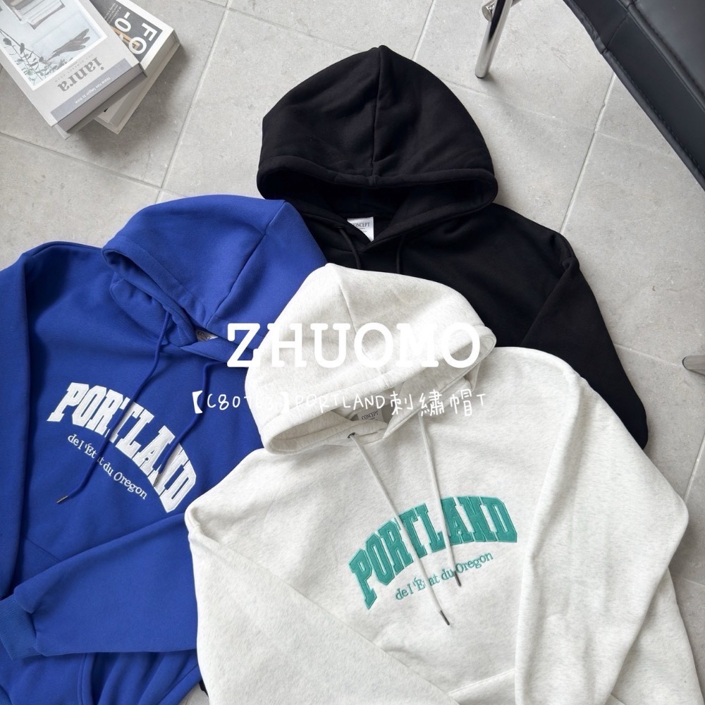 【限時特賣】正韓 韓系 PORTLAND刺繡帽T 大學t 厚磅 長袖 印花 衣服 大尺碼 上衣 男裝 衛衣 情侶衣-細節圖8