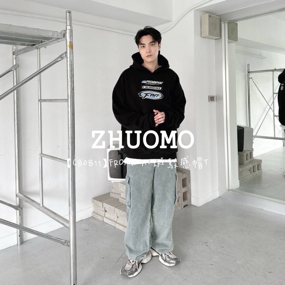 【限時特賣】正韓 韓系 FROMWHAT斑駁感帽T 大學t 厚磅 長袖 印花 衣服 大尺碼 上衣 男裝 衛衣 情侶衣-細節圖8