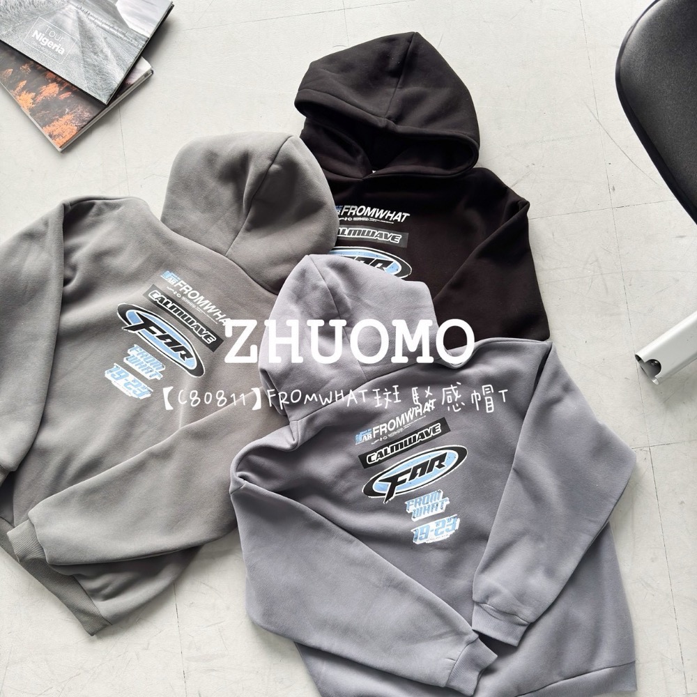 【限時特賣】正韓 韓系 FROMWHAT斑駁感帽T 大學t 厚磅 長袖 印花 衣服 大尺碼 上衣 男裝 衛衣 情侶衣-細節圖9