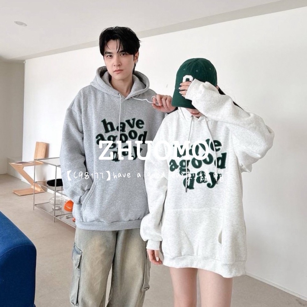 【限時特賣】正韓 韓系 have a good day刺繡帽T 大學t 厚磅 長袖 印花 衣服 大尺碼 上衣 男裝 衛衣-細節圖3