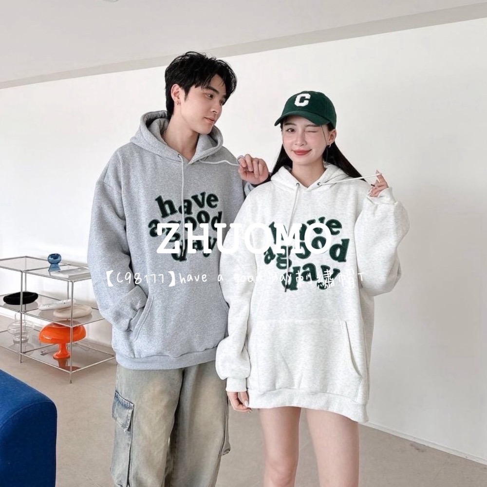 【限時特賣】正韓 韓系 have a good day刺繡帽T 大學t 厚磅 長袖 印花 衣服 大尺碼 上衣 男裝 衛衣-細節圖4