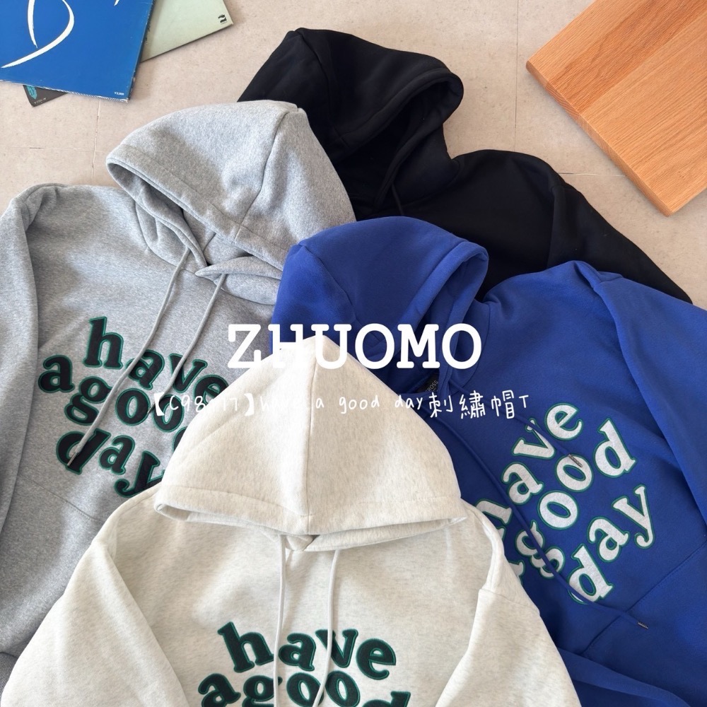 【限時特賣】正韓 韓系 have a good day刺繡帽T 大學t 厚磅 長袖 印花 衣服 大尺碼 上衣 男裝 衛衣-細節圖8