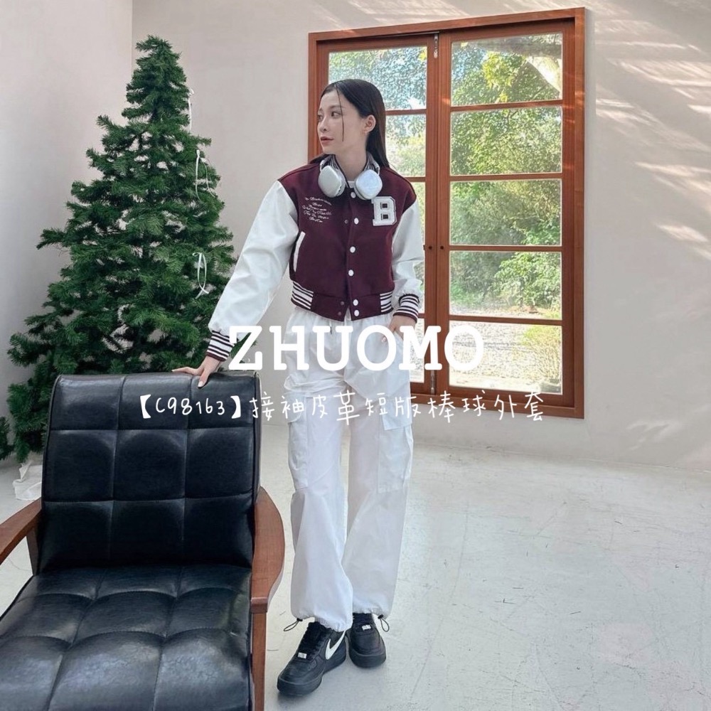 【限時特賣】正韓 韓系 接袖皮革短版棒球外套-細節圖2