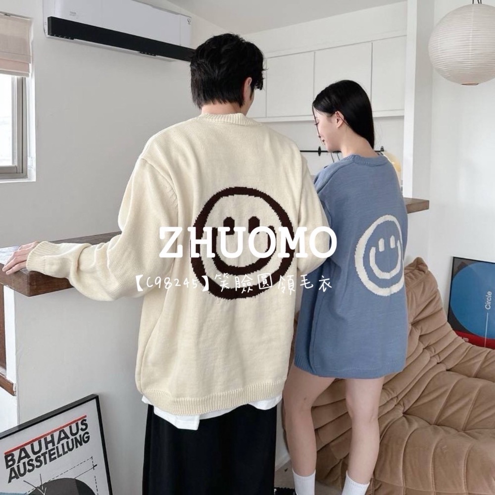 【限時特賣】正韓 韓系 笑臉圓領毛衣 大學t 厚磅 長袖 印花 衣服 大尺碼 上衣 男裝 衛衣 情侶衣-細節圖3