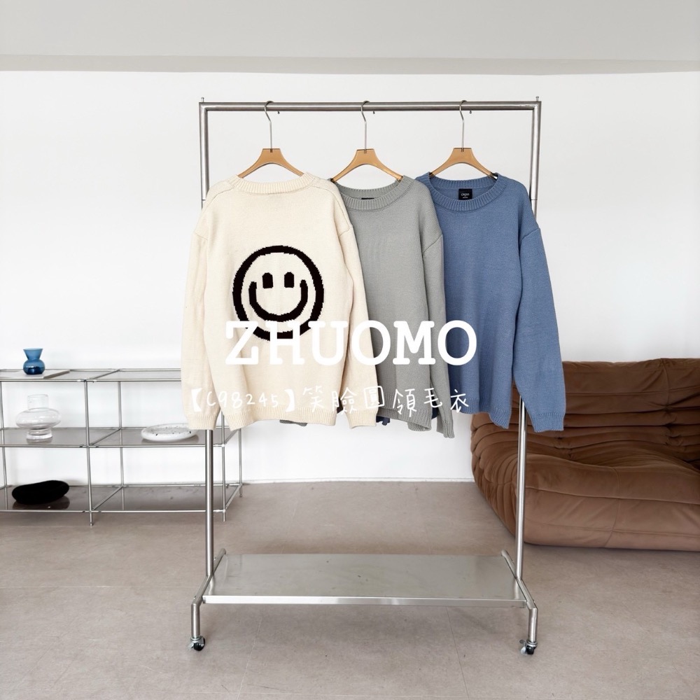 【限時特賣】正韓 韓系 笑臉圓領毛衣 大學t 厚磅 長袖 印花 衣服 大尺碼 上衣 男裝 衛衣 情侶衣-細節圖8