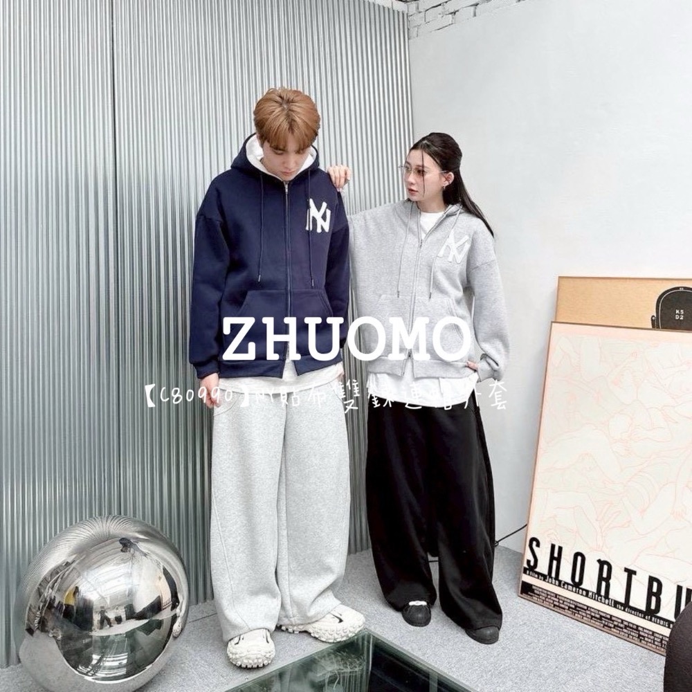 【限時特賣】正韓 韓系 NY貼布雙鍊連帽外套 大學t 厚磅 長袖 印花 衣服 大尺碼 上衣 男裝 衛衣 情侶衣-細節圖3