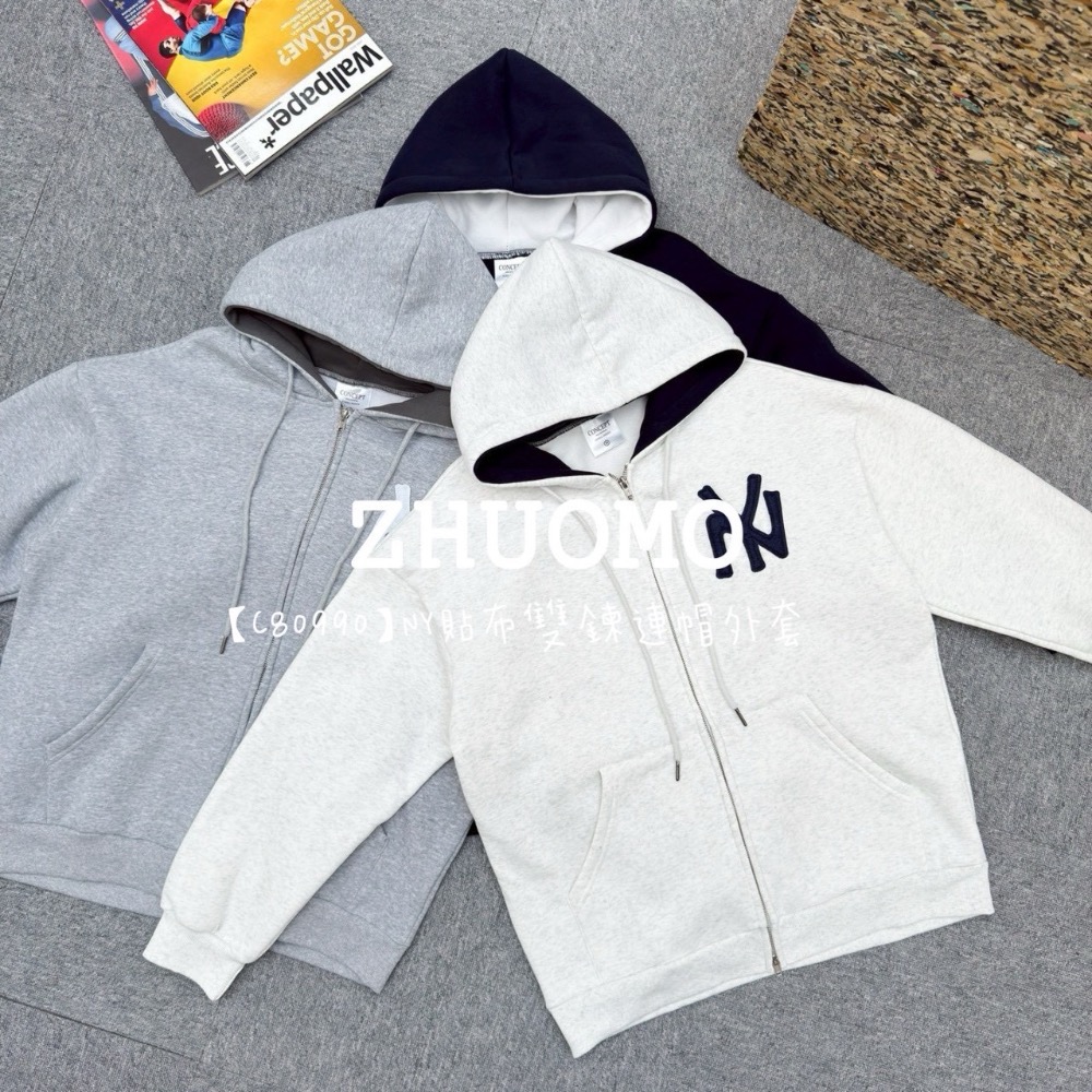 【限時特賣】正韓 韓系 NY貼布雙鍊連帽外套 大學t 厚磅 長袖 印花 衣服 大尺碼 上衣 男裝 衛衣 情侶衣-細節圖7